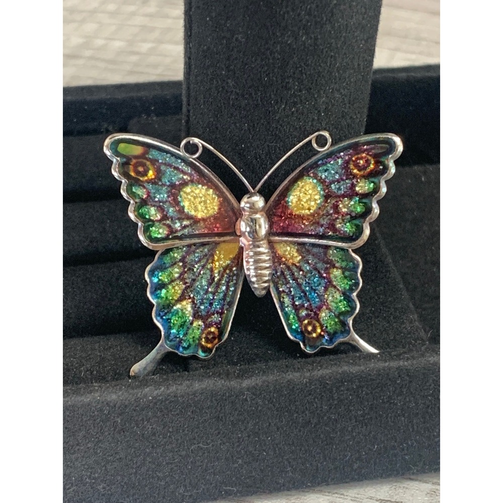 Vintage Multi Color Glitter Enamel Butterfly Brooch Silver Tone Pin 5054